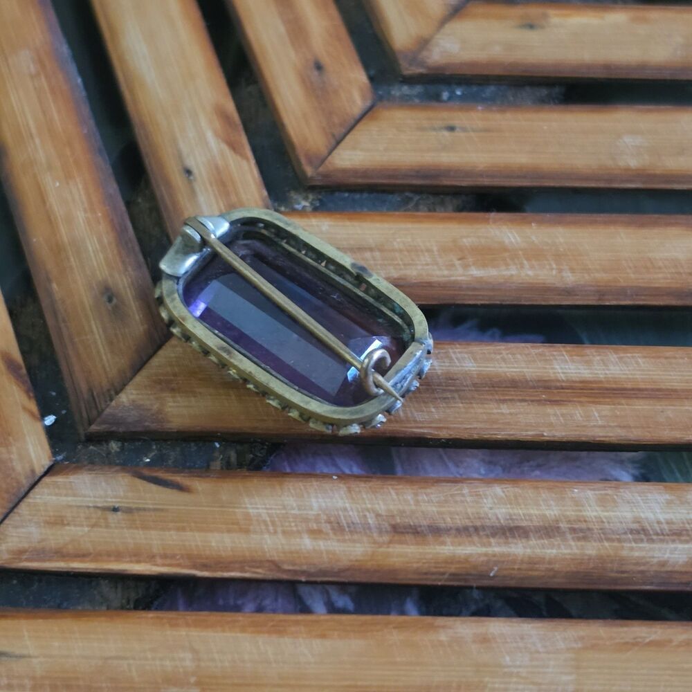 Vtg 1950s Large Amethyst Art Glass & Rhinestone Statement Brooch Pin Emerald Cut - Picture 7 of 8
